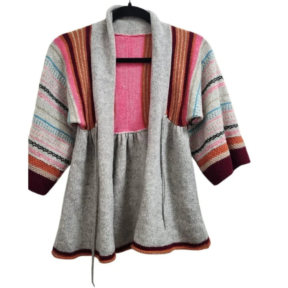 Vtg Y2k Free People Cardigan Sweater S Stripe Pink Red Turquoise Kimono Open